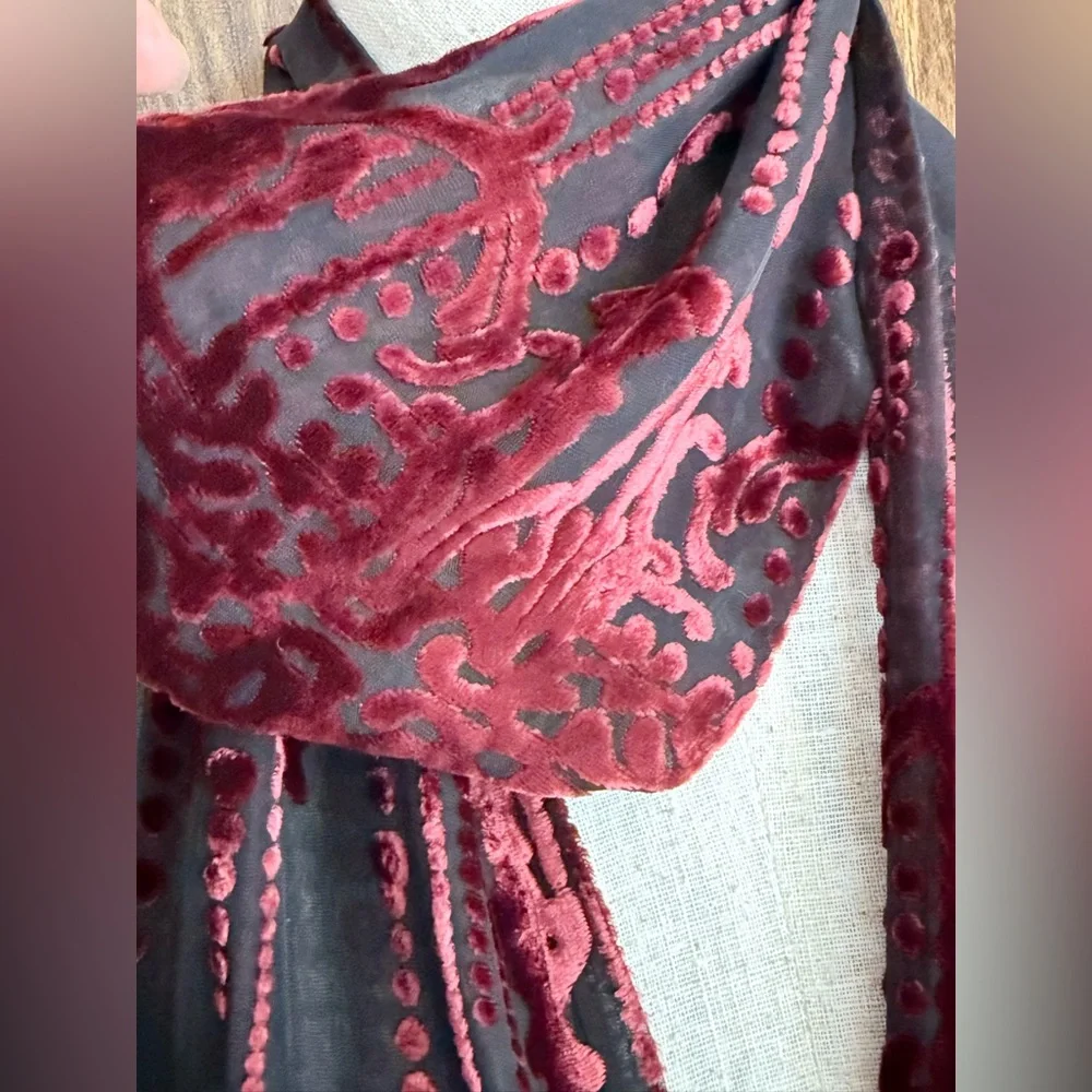 Vintage Burgundy Burnout Velvet Fringe Boho Scarf Art‎ Deco Revival Whimsigoth
